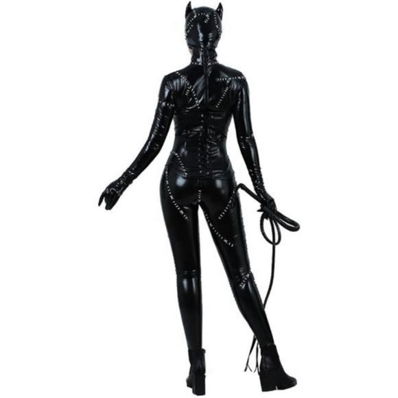 Cat Woman Halloween Costume One Piece Jumpsuit Hooded Bodysuit Gloves Mask Whip - Picture 7 of 8